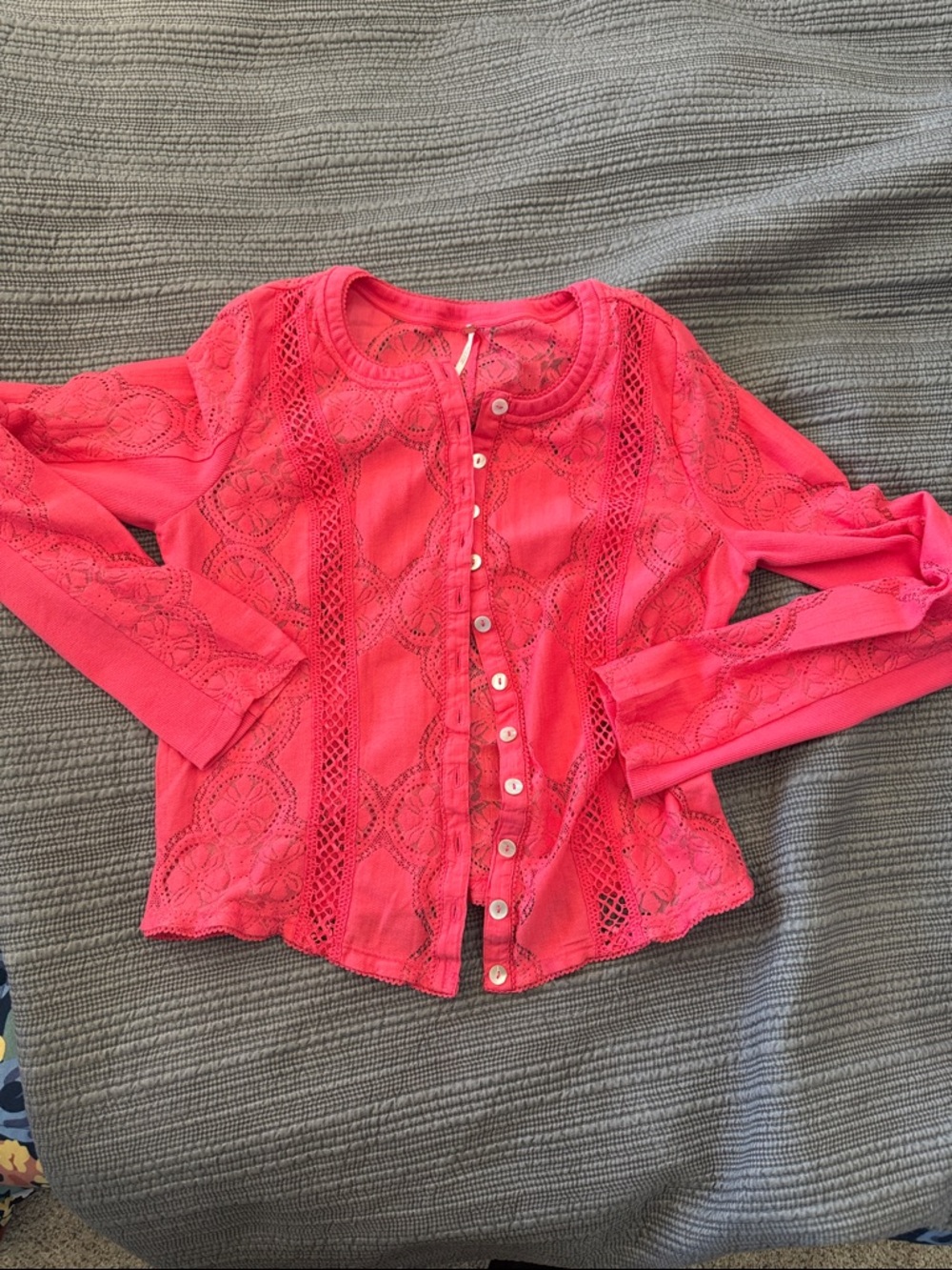 Free People Coral Lace Button-Down Cardigan